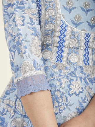 A close-up of a garment with intricate floral and geometric patterns in shades of blue and white. The fabric features lace detailing on the sleeve, creating an elegant and delicate appearance.