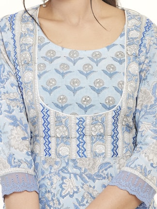 The image displays a close-up view of a garment featuring intricate floral and geometric patterns. The design includes floral motifs in a combination of blue and white, with trailing vines and leaves. The neckline is round and the fabric has a textured look, adding elegance to the attire.
