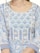 The image displays a close-up view of a garment featuring intricate floral and geometric patterns. The design includes floral motifs in a combination of blue and white, with trailing vines and leaves. The neckline is round and the fabric has a textured look, adding elegance to the attire.
