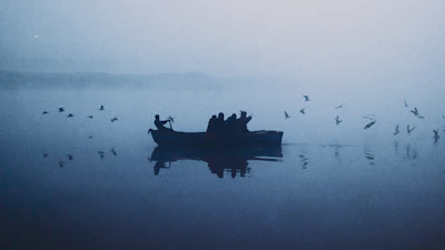 An early morning scene with the maréa azul boat cutting through misty waters under a soft pink sky.