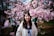 A vibrant photo of a happy traveler enjoying the cherry blossoms in Kyoto.