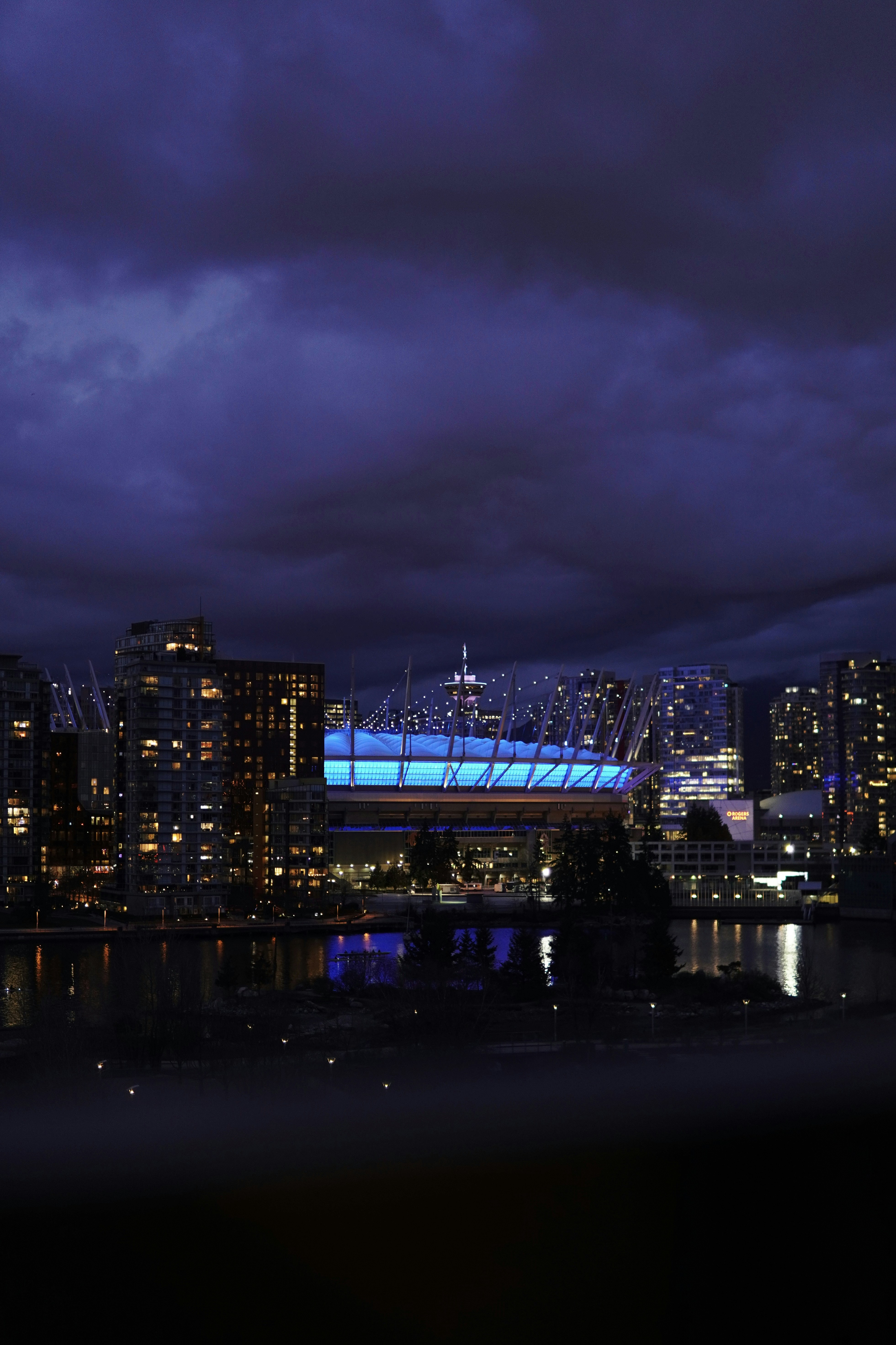 a view of a city skyline at night