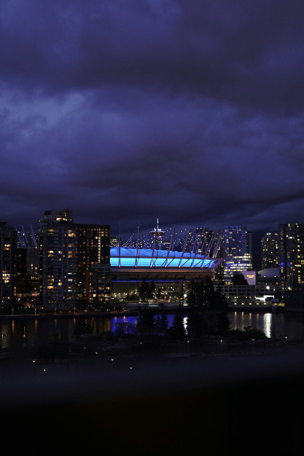 a view of a city skyline at night