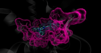 A complex molecular structure represented in a 3D model with interconnected hexagonal patterns. The image has a vibrant magenta and cyan color scheme set against a dark background, creating a sense of depth and complexity.