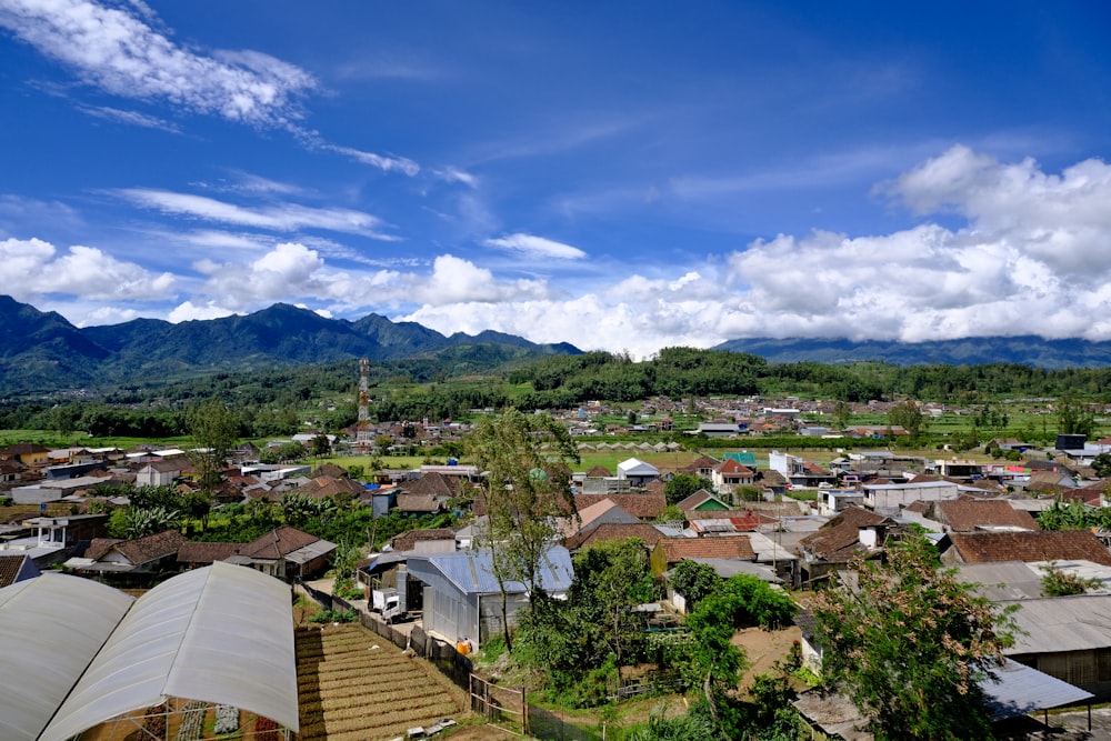 a small village with mountains in the background