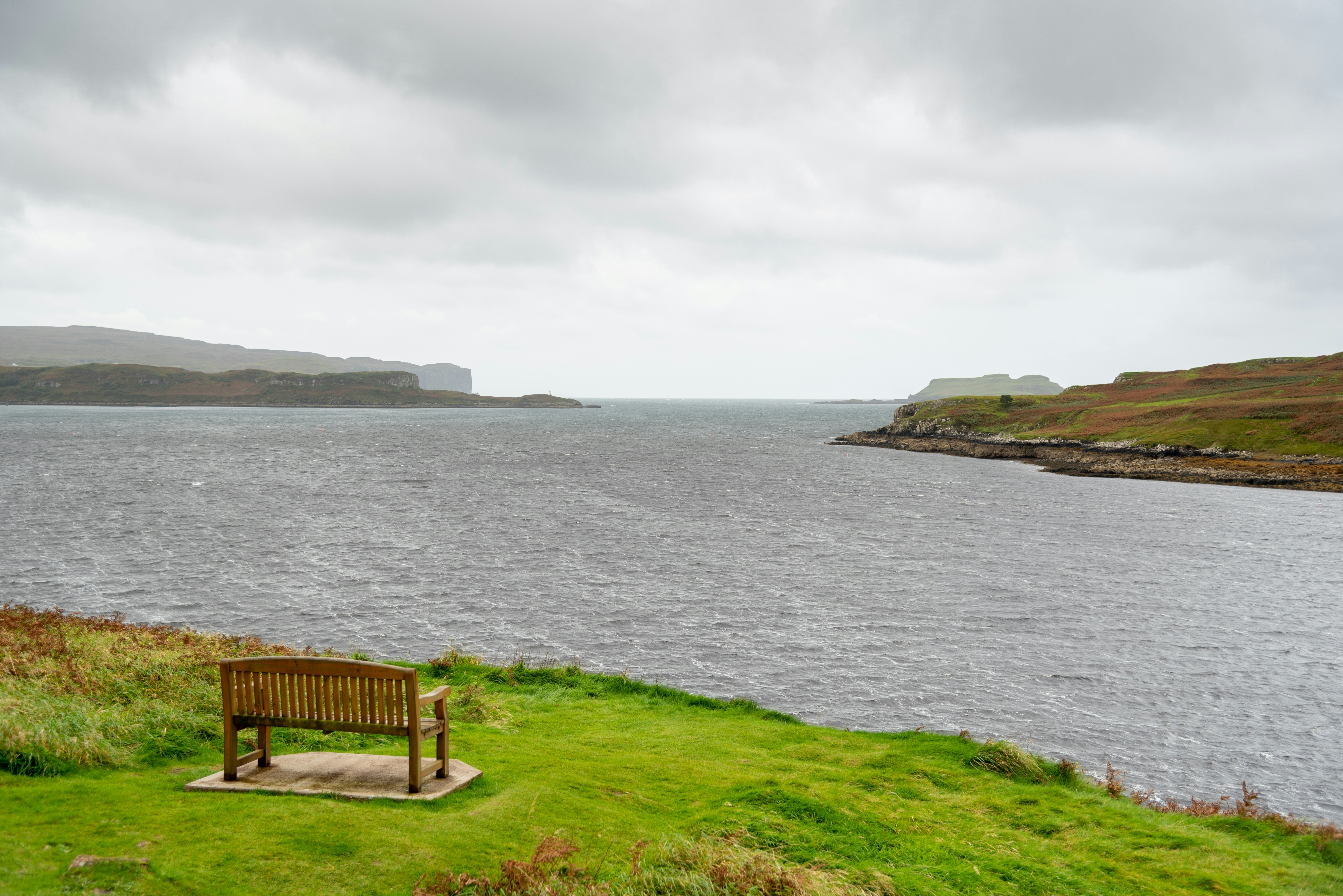 a wooden bench sitting on top of a lush green hillside