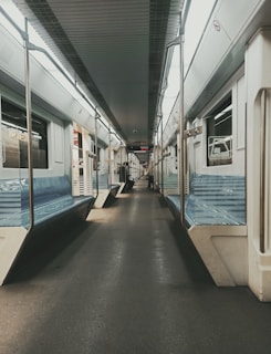 An interior shot of a modern train carriage.