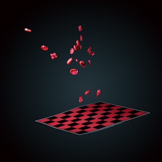 Red checkers pieces are suspended in mid-air above a checkered board, set against a dark background. The board appears to be slightly angled, and the pieces are in various positions as if they are falling or being thrown.
