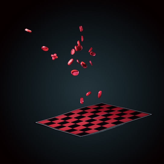Red checkers pieces are suspended in mid-air above a checkered board, set against a dark background. The board appears to be slightly angled, and the pieces are in various positions as if they are falling or being thrown.