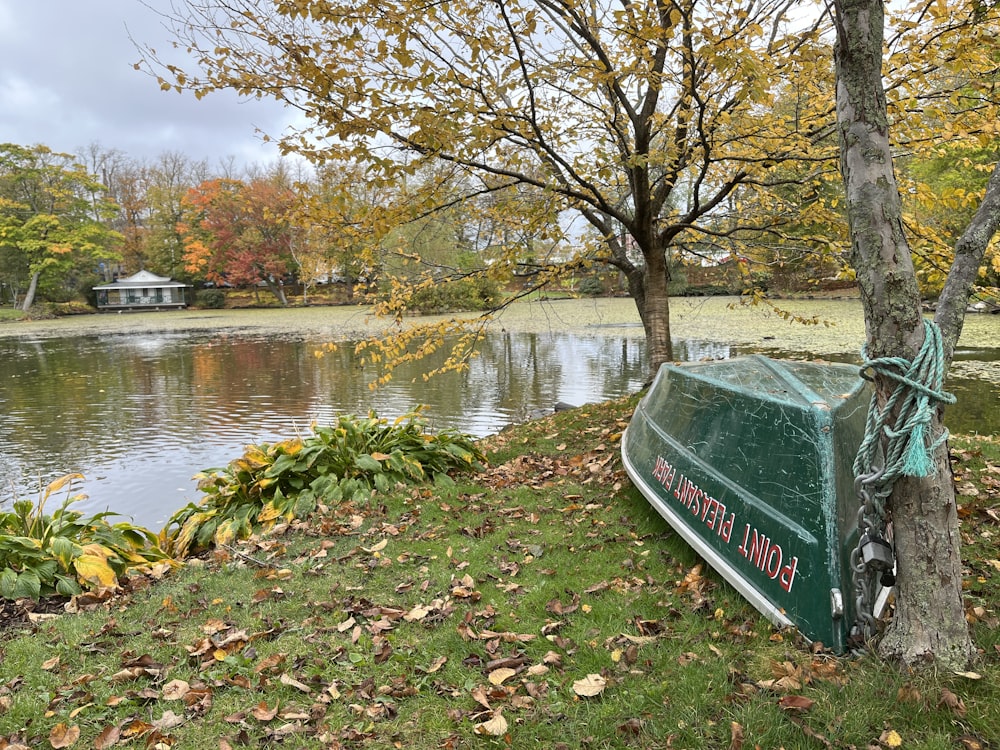 a green boat sitting on top of a lush green field