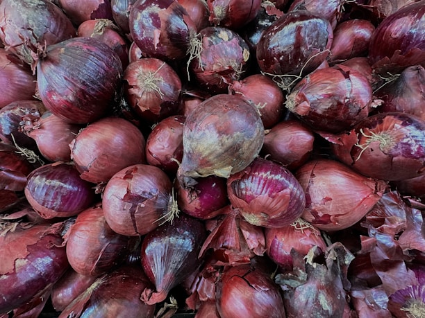 A close-up view of a large pile of red onions, displaying various sizes and shapes. The onions have a rich, deep purple outer layer with visible dry, papery skin peelings. Some have small roots still attached, adding to the natural texture.