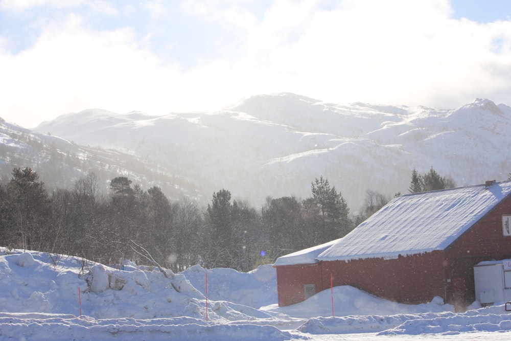 a barn in the middle of a snowy field