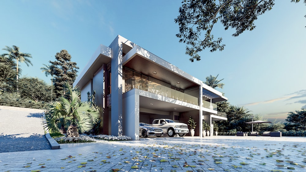 a white car is parked in front of a building