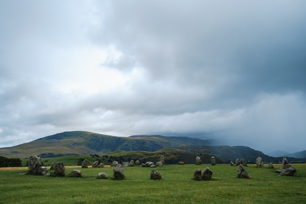 a grassy field with large rocks in the middle of it