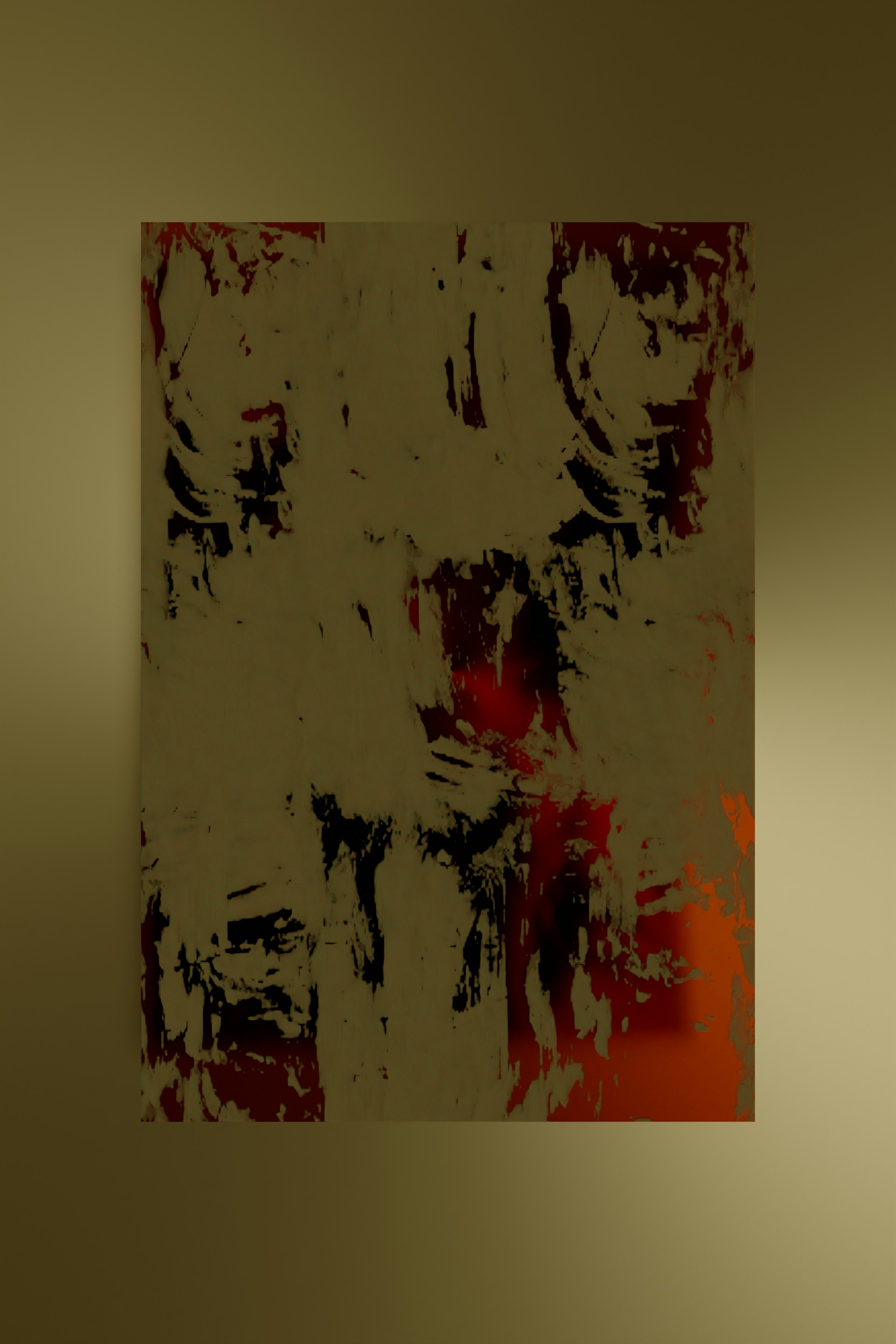 A contemporary art piece featuring dark, textured layers of bitumen and vibrant oxide colors.