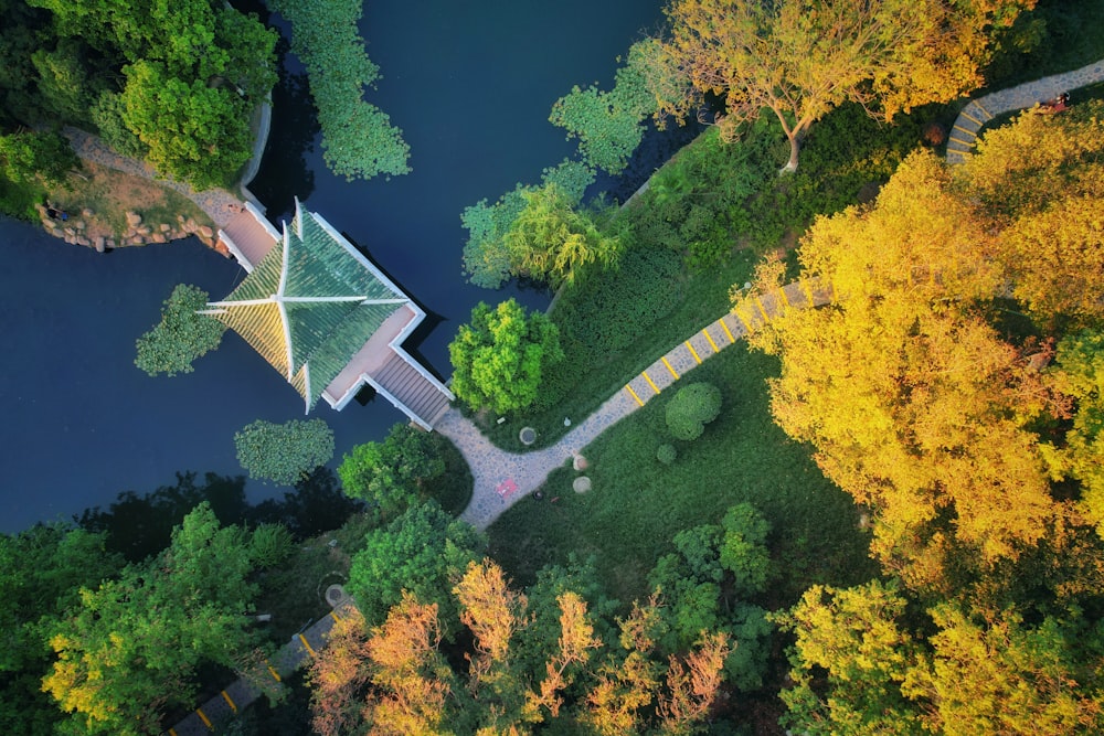 an aerial view of a park in the fall