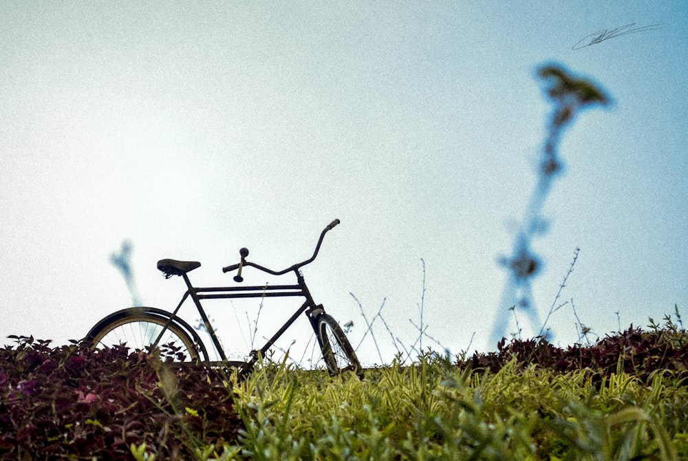 a bike parked in the grass on a sunny day
