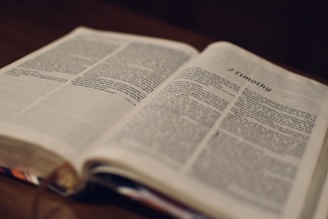An open book with a page displayed prominently, featuring the heading '2 Timothy'. The text is in a serif font, and the book is positioned on a wooden surface. The pages appear slightly worn, and the focus is on the text.