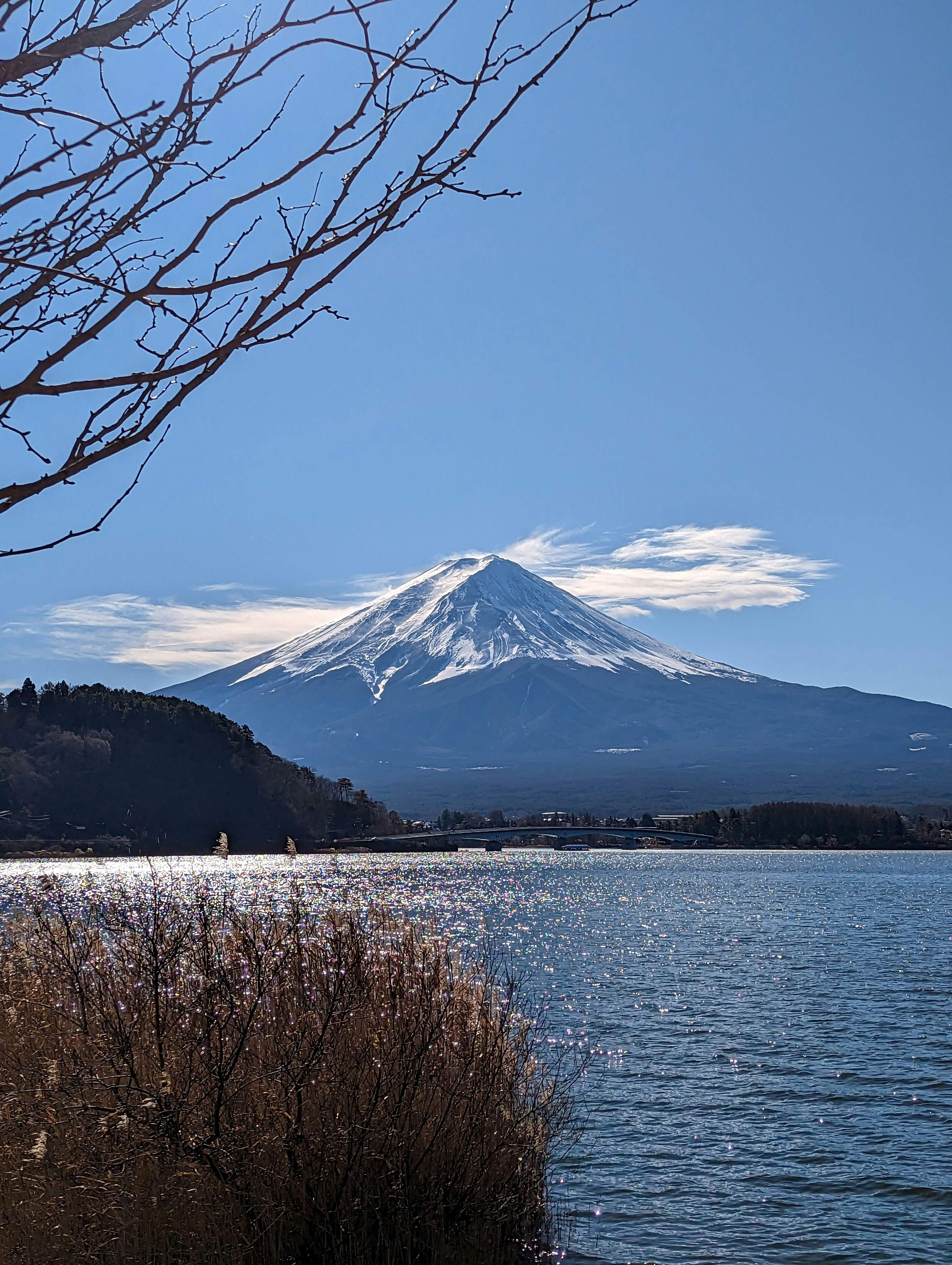 a mountain with snow on it and a body of water in front of it