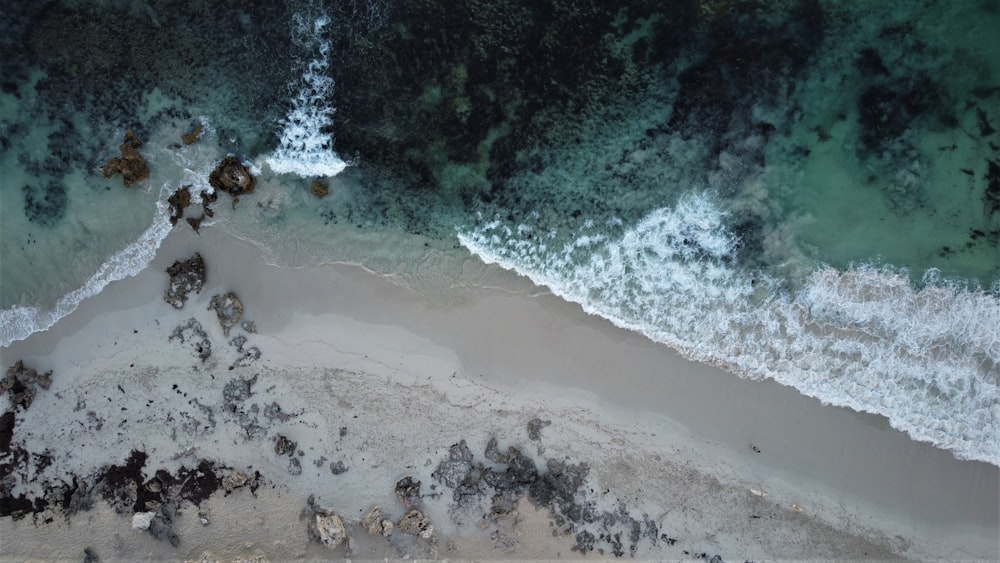 an aerial view of a beach and ocean