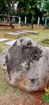A weathered, moss-covered stone with engraved patterns or carvings stands in a grassy area. In the background, there are several rectangular stone slabs and some trees, suggesting an outdoor or memorial setting.