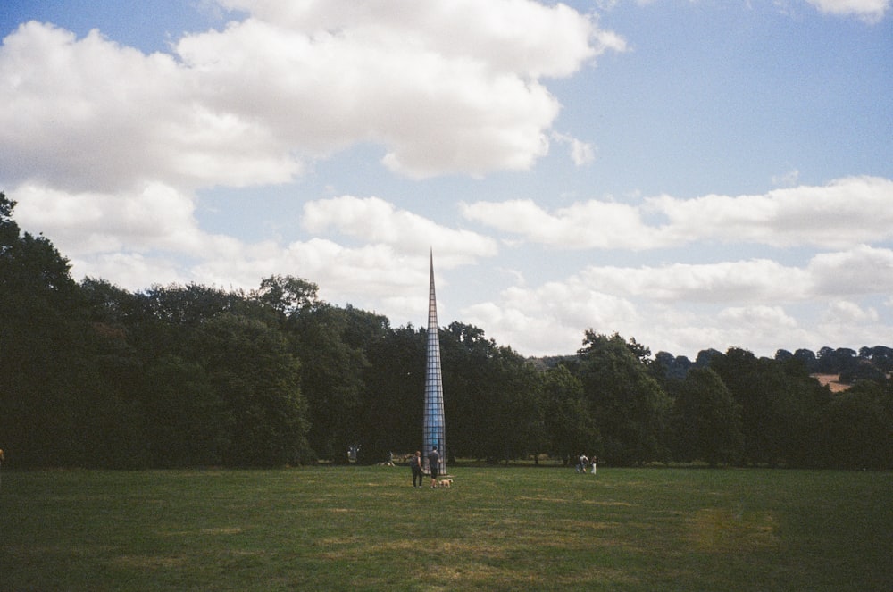 a tall tower sitting in the middle of a lush green field
