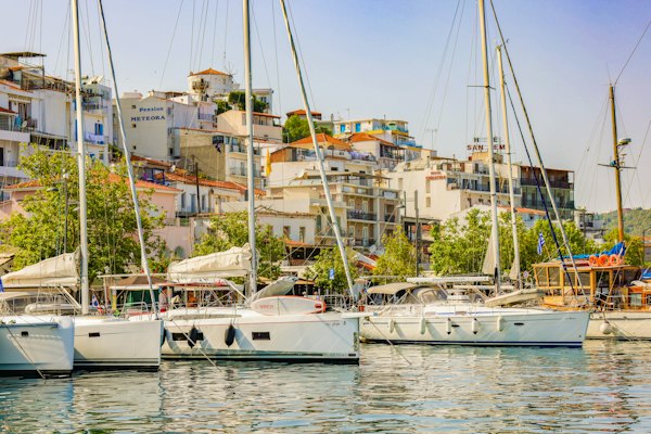 A group of sailboats docked in a harbor — Skiathos, Greece