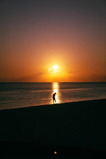 Golden sunset over a calm ocean with a silhouette of a traveler enjoying the view