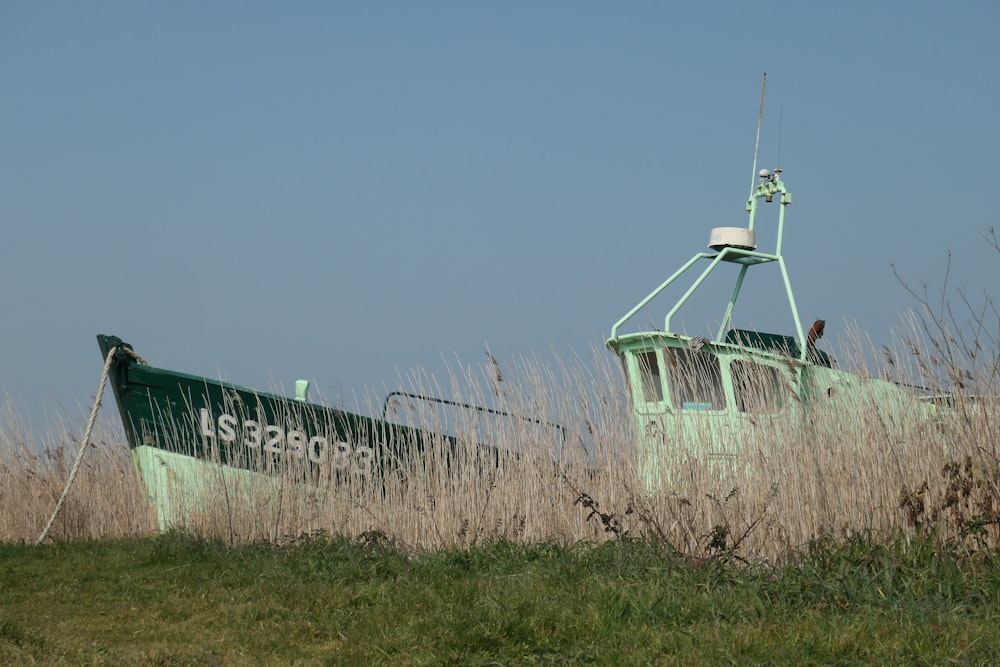 Ein grünes Boot, das auf einer saftig grünen Wiese sitzt