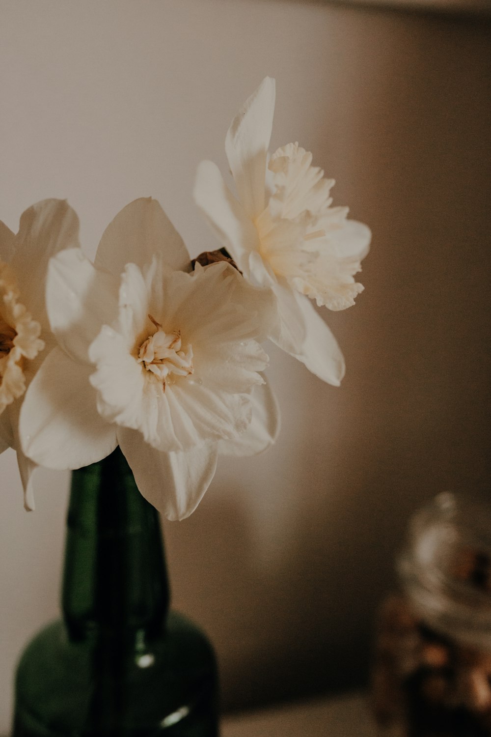 three white flowers are in a green vase