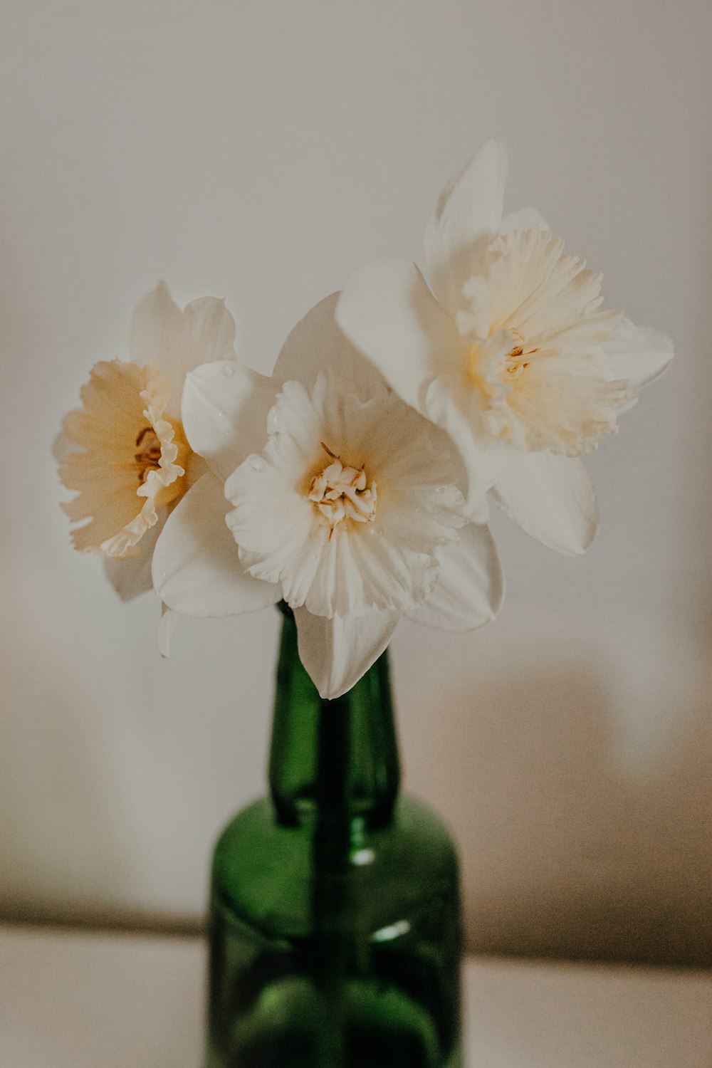 a green vase with three white flowers in it