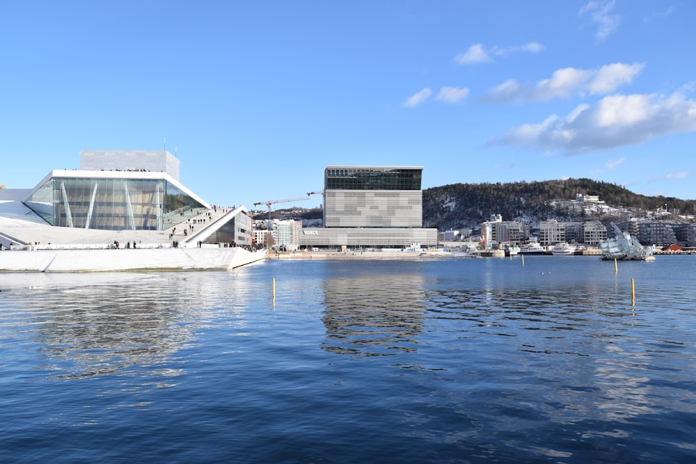 a large body of water with a building in the background