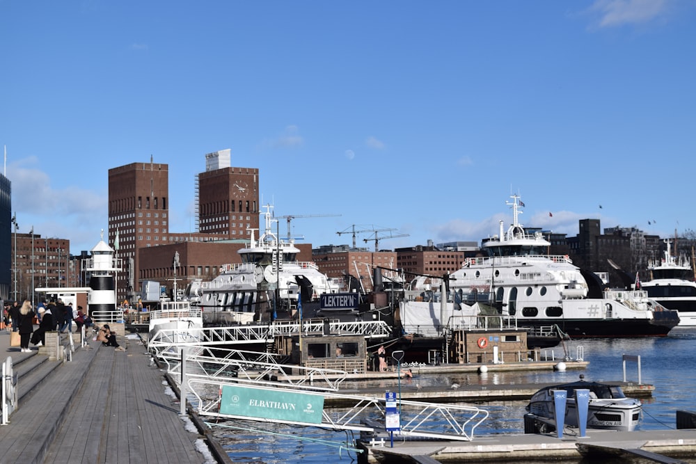 a group of boats docked in a harbor