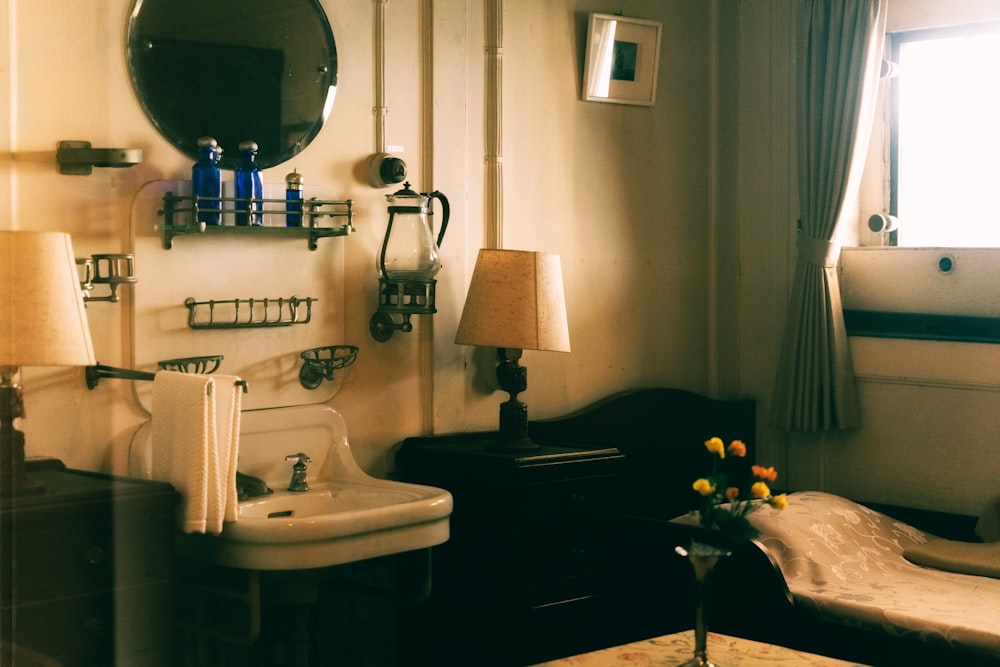 a bathroom with a sink and a mirror