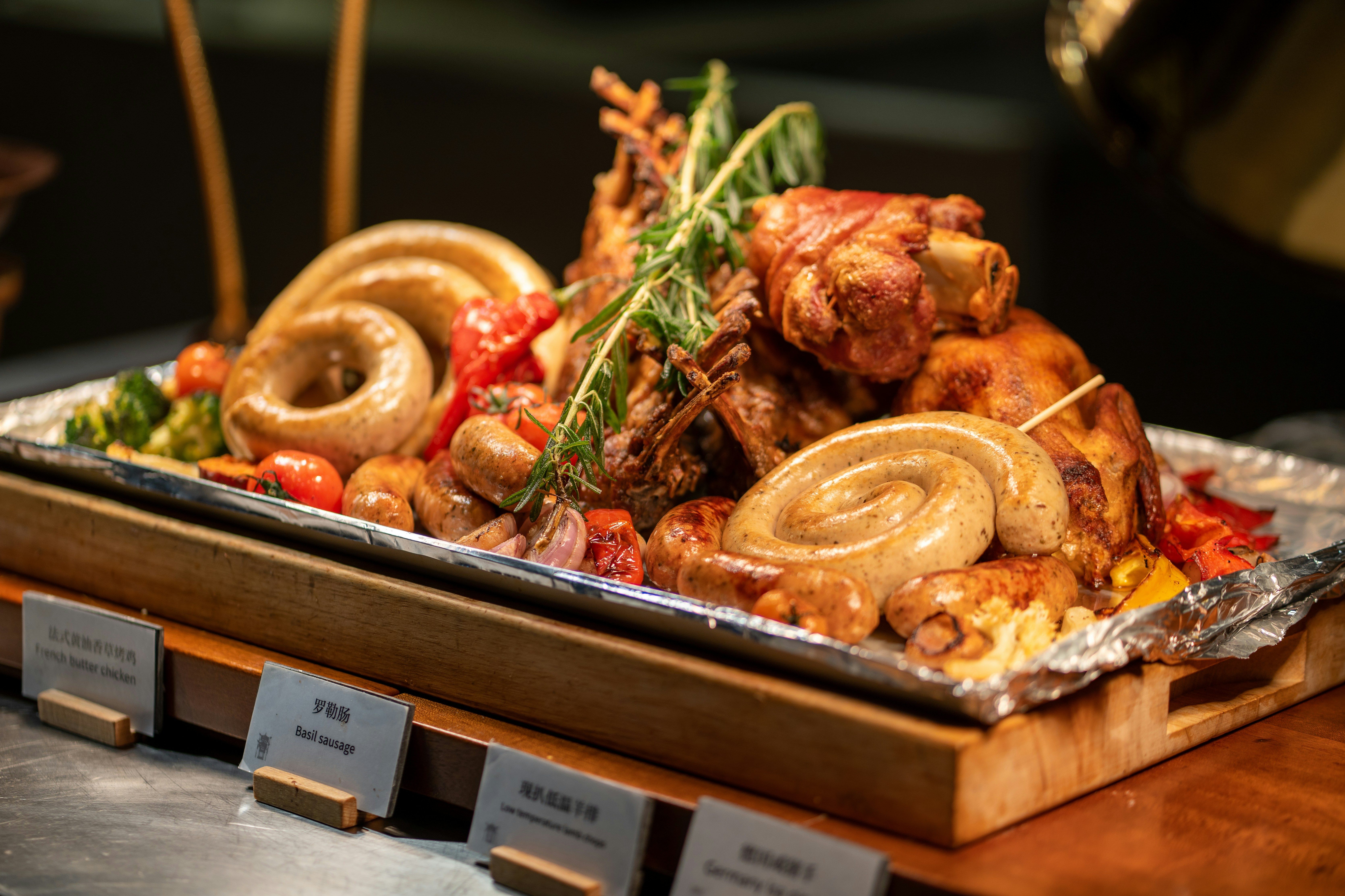 a platter of food on a wooden table