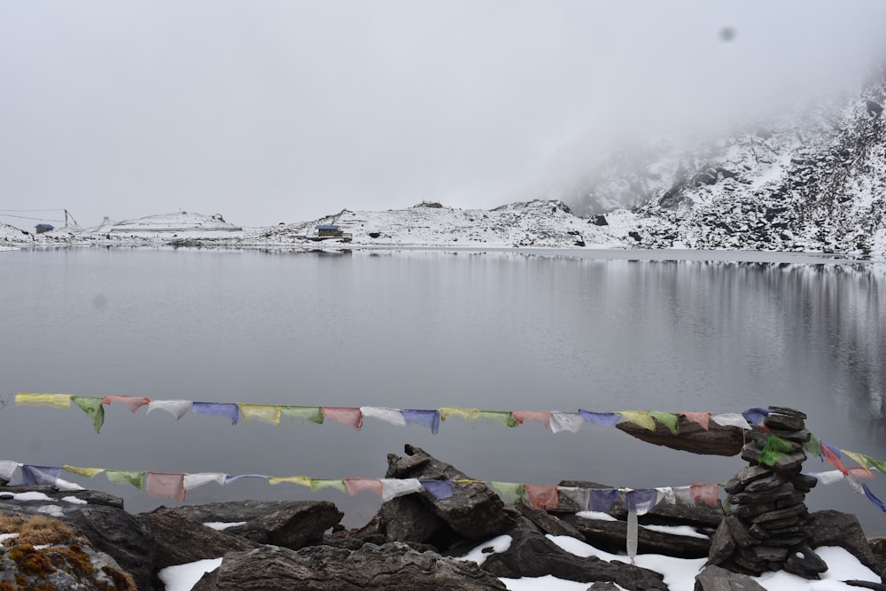 a mountain lake surrounded by snow covered mountains