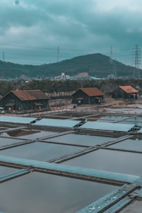 Several rustic wooden huts with rusted metal roofs are situated near rectangular water pools, surrounded by a natural landscape with hills in the background. Power lines and pylons are visible against the cloudy sky, creating an industrial contrast with the rural setting.