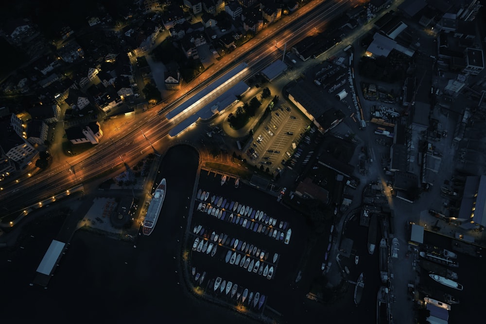 an aerial view of a city at night