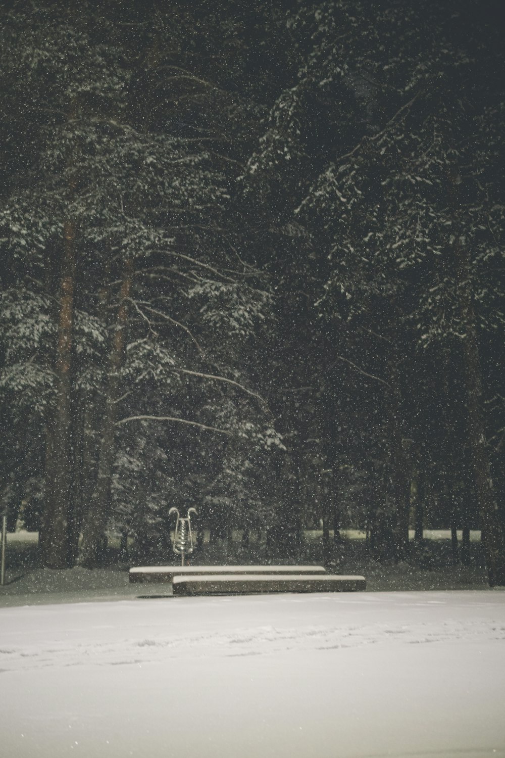 a park bench in the middle of a snowy park