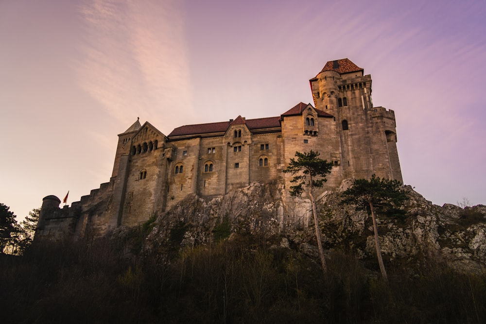 a large castle with a tall tower sitting on top of a hill