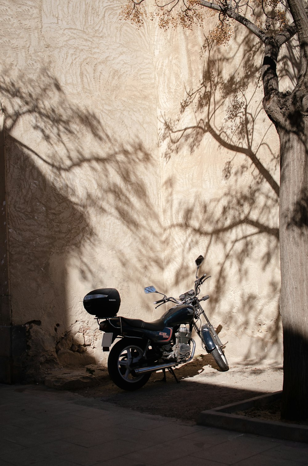 a motorcycle parked next to a tree on a sidewalk