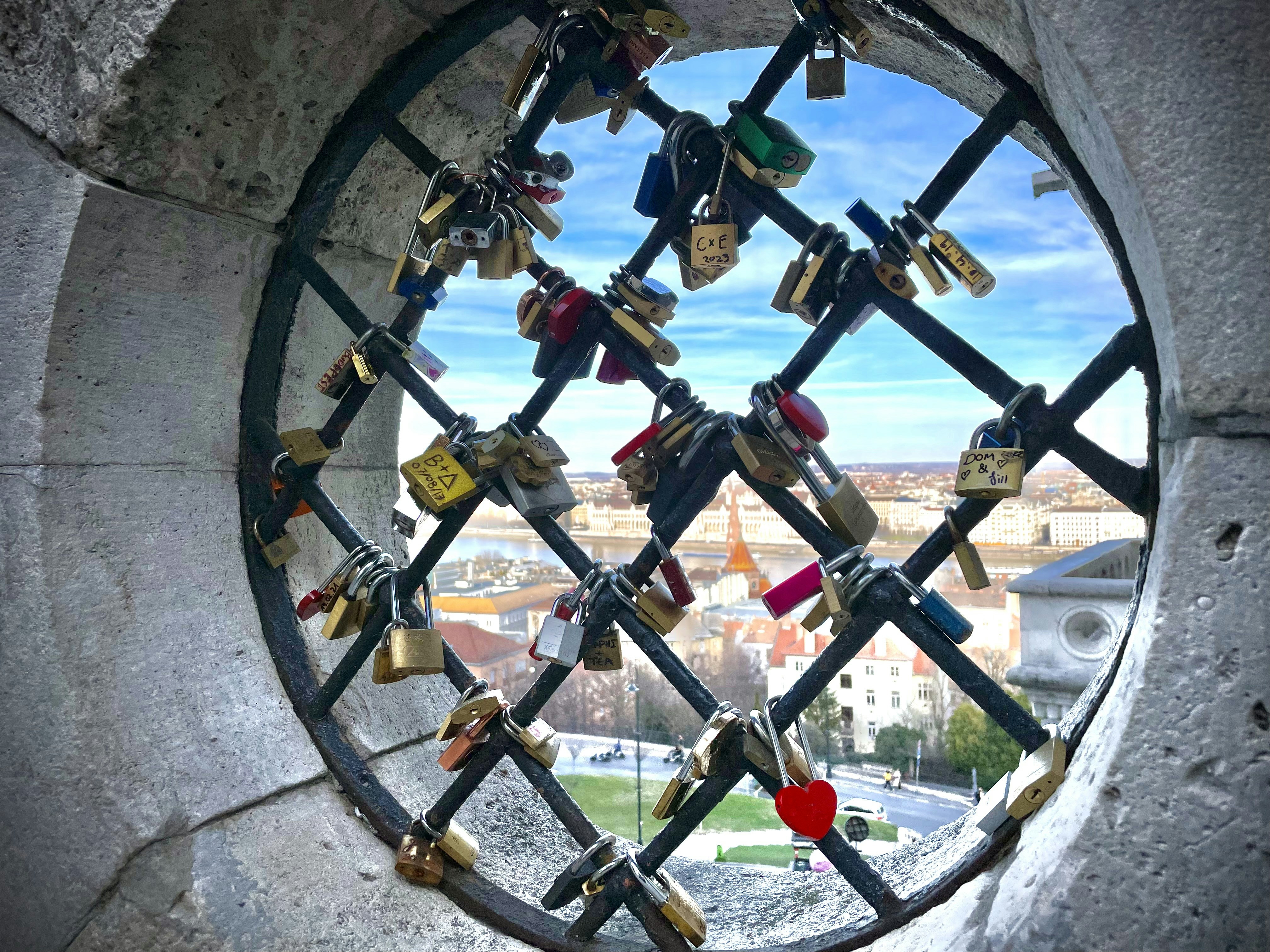 A bunch of padlocks are attached to a fence photo Free Budapest Image