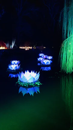 A tranquil meditation space bathed in soft moonlight with lotus motifs glowing gently.