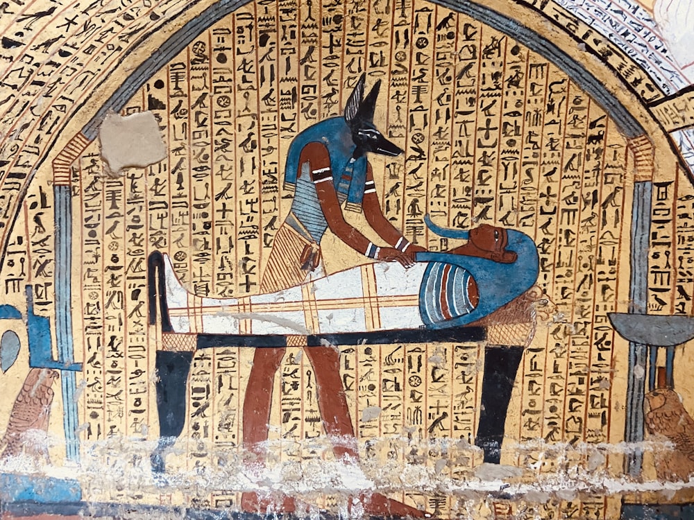 a painting of an egyptian scene with a bed