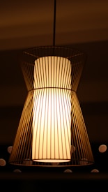 A modern pendant lamp with a cylindrical white interior and a metal wire frame creating an intricate cage-like structure. The lamp emits a warm glow against a dark background, enhancing its industrial yet elegant design.