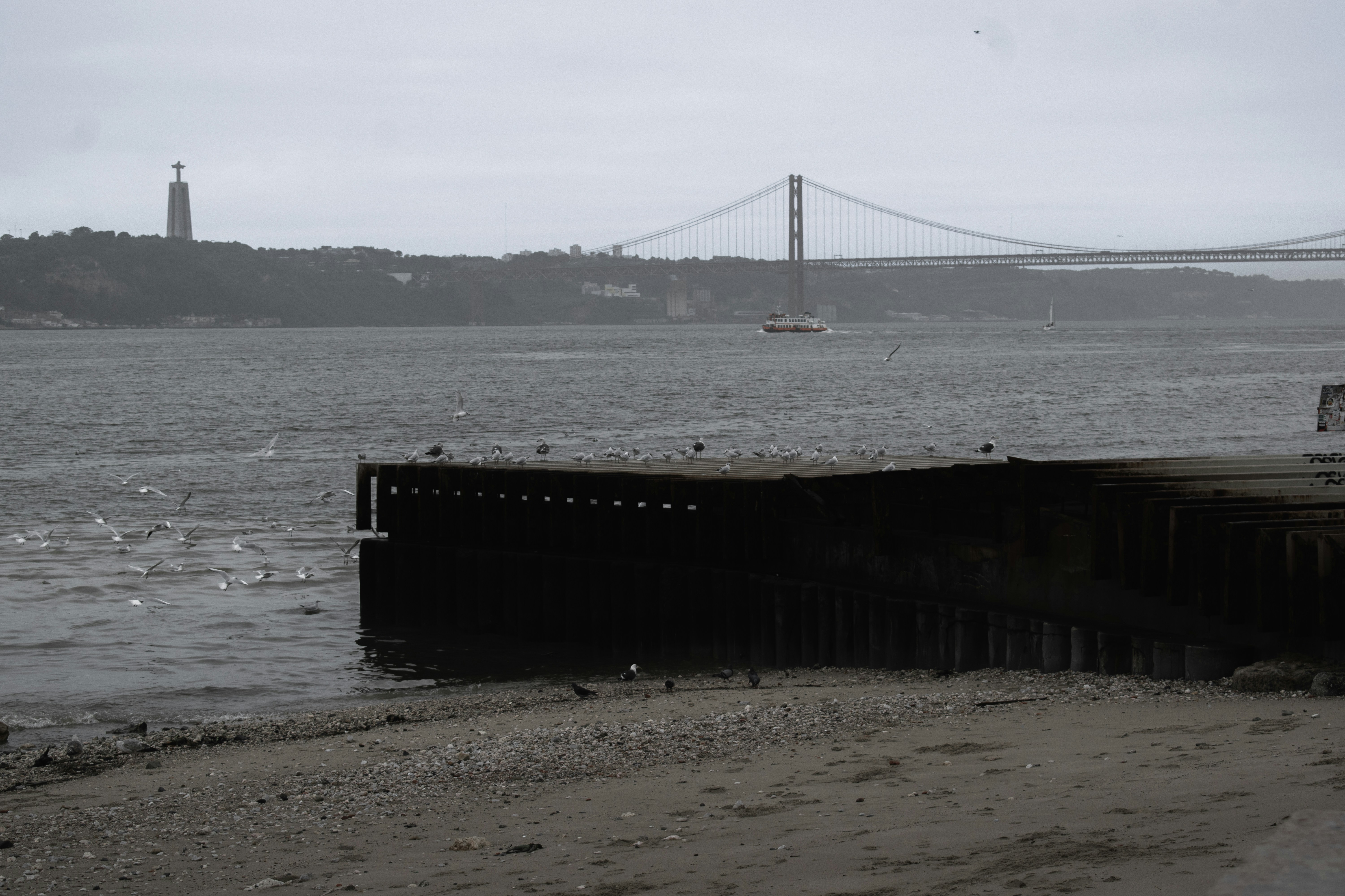 a body of water with a bridge in the background
