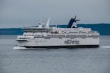 A large ferry named 'Spirit of Vancouver Island' is sailing on a calm body of water. The ferry is part of the BC Ferries fleet and is predominantly white with blue accents. The background features a hazy, distant coastline with forested hills under a gray sky.