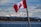 A Canadian flag is prominently displayed in the foreground, waving against a backdrop of snow-capped mountains. A serene body of water lies between the viewer and a forested area, leading into the majestic mountain range under a partly cloudy sky.