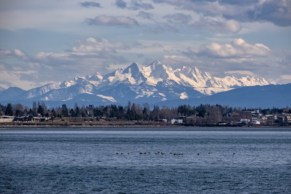 a large body of water with mountains in the background