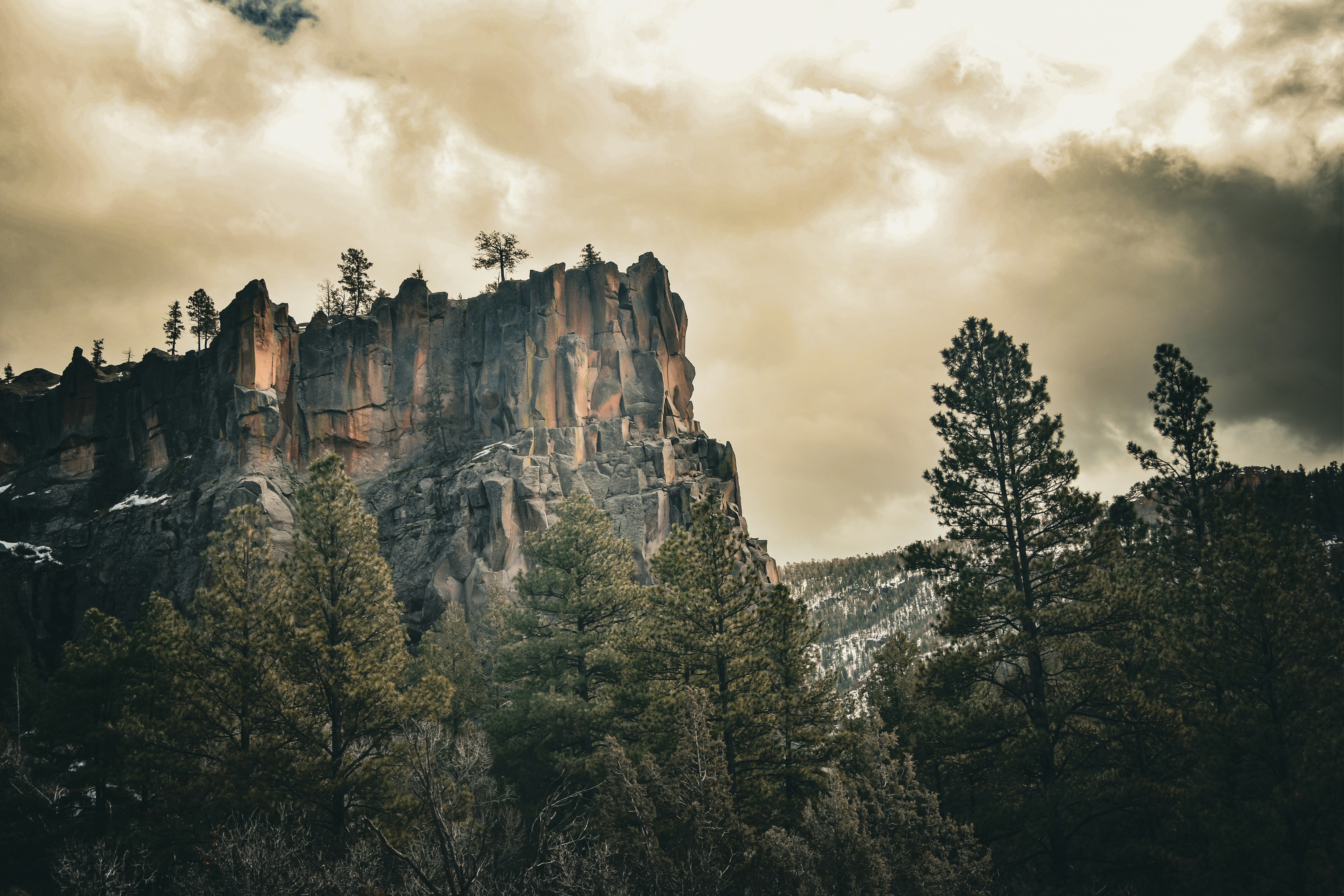 a mountain with trees and clouds in the background